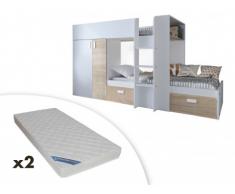 Set Etagenbett mit Kleiderschrank JULIEN + 2 Matratzen - 2x90x190cm - Weiß/Eichenholzfarben