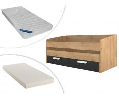 Set Ausziehbett ANSELME + Matratzen - 2x90x190cm - Eichenfarben & Anthrazit