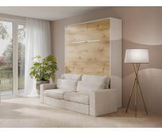 Schrankbett + Sofa - 140 x 200 cm - Manuelle vertikale Öffnung - Mit LED-Beleuchtung - Weiß & Holzfarben - RAPILI
