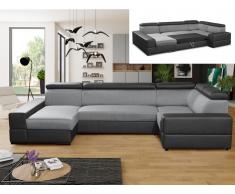 XXL Wohnlandschaft mit Bettfunktion Stoff VALMY - Ecke Links - Hellgrau/Schwarz
