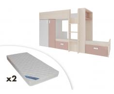 Set Etagenbett mit Kleiderschrank JULIEN + 2 Matratzen - 2x90x190cm - Weiß & Rosa