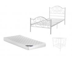 Sparset LEYNA: Metallbett LEYNA - 90x190cm - Weiß + Matratze + Nachttisch