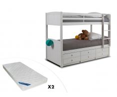 Set Etagenbett Stapelbett Massivholz ANCHISE + Lattenrost + 2 Matratzen - 2x90x190cm