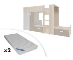 Set Etagenbett mit Kleiderschrank JULIEN + 2 Matratzen - 2x90x190cm - Weiß & Taupe