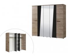 Kleiderschrank mit Spiegel FAVARA - 5 Türen - B. 223 cm - Eiche & Schwarz