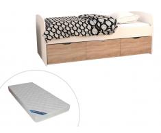 Bett LOUANE - 3 Schubladen - 90 x 190 cm - Weiß & Eiche + Matratze