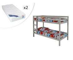 Set Etagenbett Massivholz ANICET + Lattenrost + 2 Matratzen - 2x90x200cm - Grau