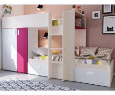 Etagenbett mit Kleiderschrank JULIEN - 2x90x190cm - Eichenholzfarben/Fuchsia