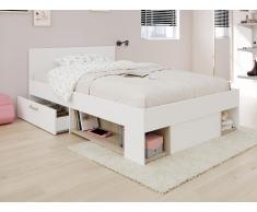 Bett mit Stauraum + Lattenrost + Matratze - 120 x 190/200 cm - Weiß & Holzfarben - KINSELIA