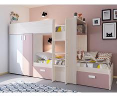 Etagenbett mit Kleiderschrank JULIEN - 2x90x190cm - Weiß & Rosa