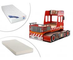 Set Kinderbett Spielbett FEUERWEHR + Lattenrost + 2 Matratzen - 2x90x190 cm