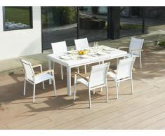 Garten-Essgruppe: Tisch ausziehbar 180/240 cm + 6 stapelbare Sessel mit Armlehnen aus Akazienholz - Aluminium - Weiß - NAURU von MYLIA