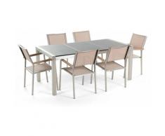 Gartenmöbel Set Granit grau poliert 180 x 90 cm 6-Sitzer Stühle Textilbespannung beige GROSSETO