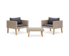 3-tlg. Garten-Lounge-Set mit Auflagen Poly Rattan Beige