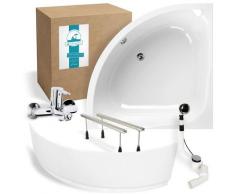 ® Eckbadewanne Komplettset 120 x 120 cm mit Schürze & Armatur, Wannenfüße & Ablaufgarnitur,
