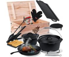 ® Dutch Oven Set in Holzkiste mit Dutch Oven Mit viel Zubehör - Gusseisen - bereits eingebrannt mit