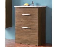 Badmöbel Set 60 cm Keramikbecken freistehend Waschtisch mit Unterschrank Walnuss Keramikbecken 2x