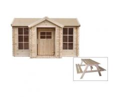 Das Set aus Kinderspielhaus aus Holz und Kindersitzgarnitur aus Holz - Spielhaus im Freien für