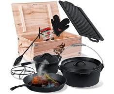® Dutch Oven Set in Holzkiste mit Dutch Oven Mit viel Zubehör - Gusseisen - bereits eingebrannt mit