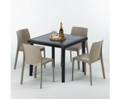Polyrattan Tisch quadratische mit 4 bunten Stühlen 90x90 Schwarz BLACK PASSION | Rome Beige Jute