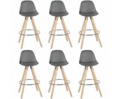 6er Set Barhocker aus Kunstleder mit Lehne mit Rundem Holzgestell Und Fußstütze Retro Design Grau