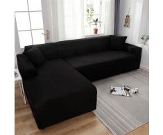 Schwarzer Stretch-Sofabezug, 3 + 2-Sitzer-L-Eck-Polyester-Canape-Schutzcouchbezug