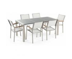 Gartenmöbel Set Grau Weiß Granit Edelstahl Tisch 180 cm Poliert 6 Stühle Terrasse Outdoor Modern