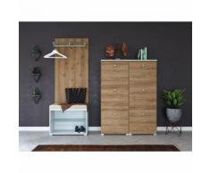 Garderobe Set 103 Dorado 3 tlg Schuhbank 6 Klappen 30 Paar Weiss-Eiche