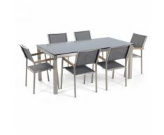 Gartenmöbel Set Glasplatte schwarz 180 x 90 cm 6-Sitzer Stühle Textilbespannung grau GROSSETO