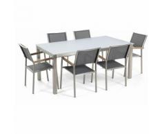 Gartenmöbel Set Glasplatte weiß 180 x 90 cm 6-Sitzer Stühle Textilbespannung grau GROSSETO