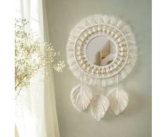 Boho Makramee Fransen Wandspiegel mit Holzperle Feder Anhänger Runder Wandspiegel für Schlafzimmer