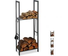 Relaxdays - Kaminholzregal mit 2 Ablagen, aus Stahl, 4 Haken für Kaminbesteck, Brennholzregal HBT