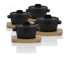BBQ-Toro Mini Dutch Oven (4 Stück) | Ø 11 cm | Gusseisen Topf mit Holzunterlage