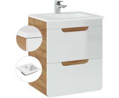 Waschtisch 50cm mit Keramik-Waschbecken LUTON-56 Hochglanz weiß mit Wotaneiche B/H/T 53/61/40 cm