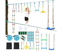 COSTWAY 15M Kinder Slackline haengende 9 Hindernisse, Klettergerüst Ninja-Hindernis-Set