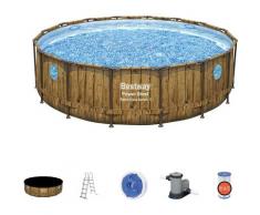 Bestway - Aufstellpool Komplett-Set Power Steel Rustikal Holz-Optik Ø488x122 cm mit Filterkartusche