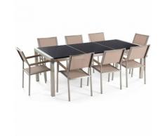 Gartenmöbel Set Naturstein schwarz poliert 220 x 100 cm 8-Sitzer Stühle Textilbespannung beige