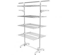 Wäsche-Trockengestell, Wäscheständer, 4 Ablagen, Weiß, Mit Flügeln und Stange oben, Material: