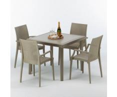 Polyrattan Tisch quadratisch mit 4 bunten Stühlen 90x90 Beige ELEGANCE | Bistrot Arm Beige Jute