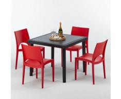 Polyrattan Tisch quadratische mit 4 bunten Stühlen 90x90 Schwarz BLACK PASSION | Paris Rot
