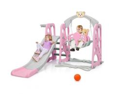 COSTWAY 4 in 1 Kinder Spielplatz, Kinder Rutsche Kletterleiter & Schaukel & Basketballkorb fuer