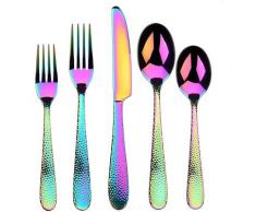 5-teiliges Regenbogen-Besteck-Set, Edelstahl gehämmerte Linien Besteck Besteck-Sets,