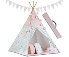 Tipi Wigwam Zelt - Spielzelt mit Licht & Girlanden - Pink - Weiß/Rosa