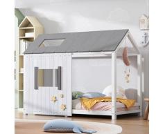 Kinderbett 90x200 cm Spielbett Hausbett mit Dach, Fenster und Rausfallschutz, Massivholz
