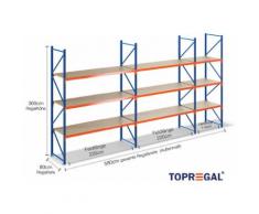 5,8m Lagerregal mit Holzböden, 3m hoch, 80cm tief, mit 3 Ebenen