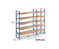 3,5m Lagerregal mit Holzböden, 3m hoch, 80cm tief, mit 5 Ebenen