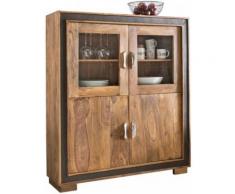 Sheesham Massivholz Vitrine mit Kunstlederapplikation 120x35x140 cm braun