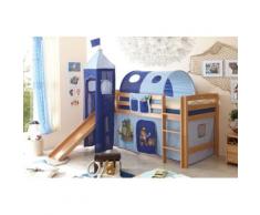 Spielbett mit Turm Toby R, Buche massiv, natur lackiert, Pirat, hellblau-dunkelblau, 90 x 200 cm