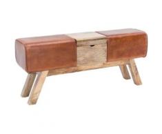 Mango Massivholz & Leder Sitzbank Turnbock mit Aufbewahrungsfach 120x29x53 cm braun