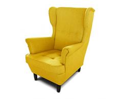 Ohrensessel Sessel King - Lounge Sessel mit Armlehnen - Retro Stuhl aus Stoff mit Holz Füßen - Polsterstuhl für Esszimmer & Wohnzimmer (Gelb (Vidar 66), ohne Hocker)